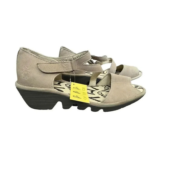 FLY LONDON PONA gray Wedge heel peep toe sandals size 39 8 8.5 NWT - Picture 1 of 12